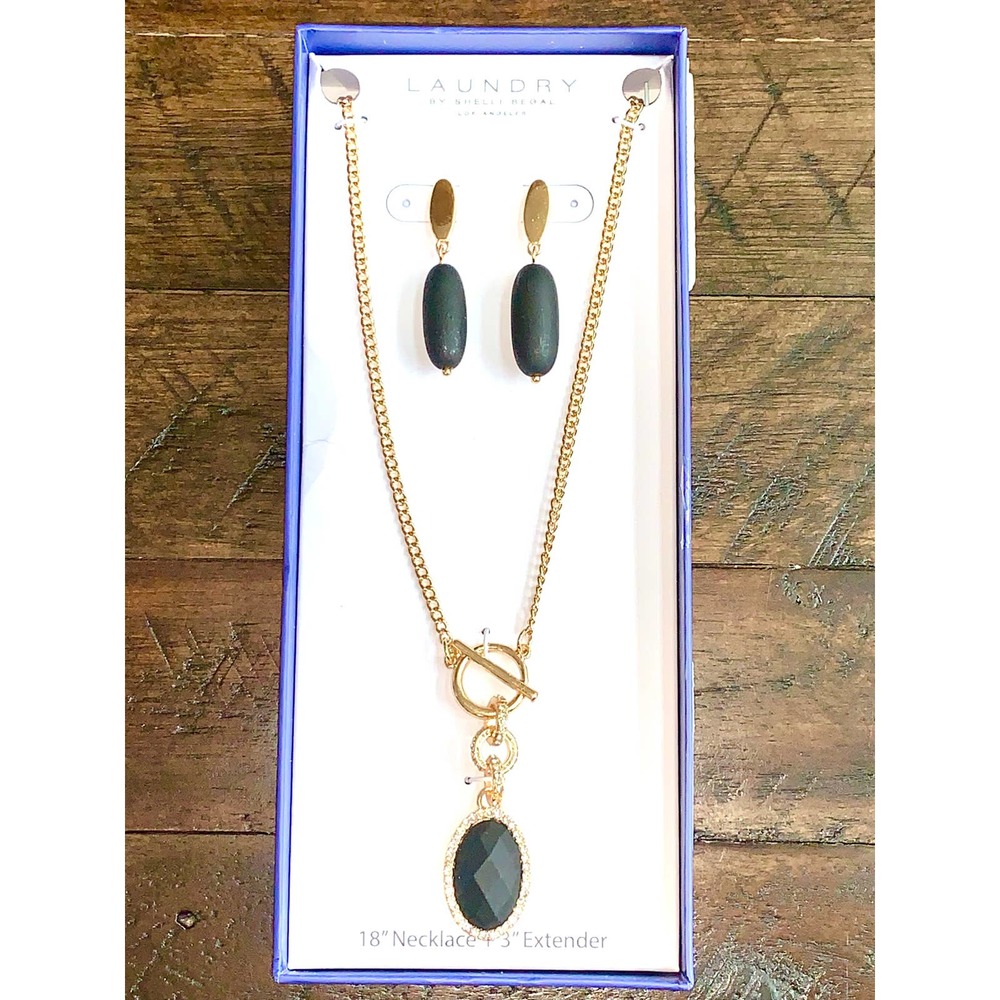 Laundry by Shelli Segal Black & Gold Necklace & Dangle Earring Set NIB NWT